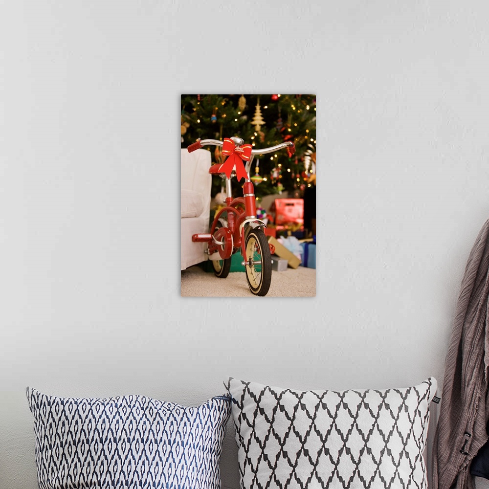 A bohemian room featuring Bicycle by Christmas tree