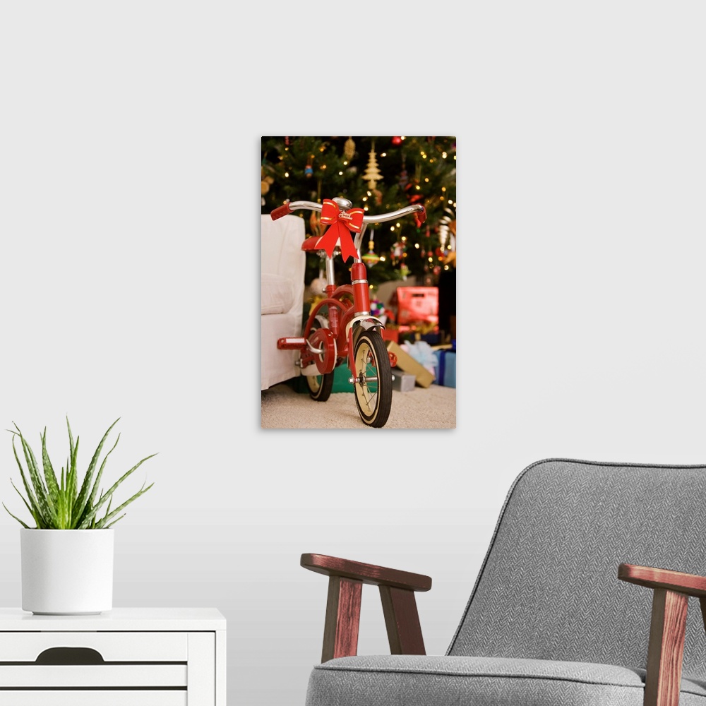 A modern room featuring Bicycle by Christmas tree