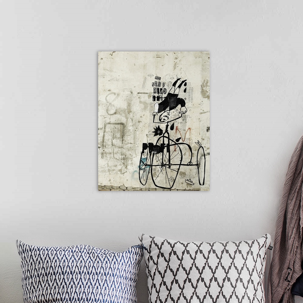 A bohemian room featuring Symbolic image of a man who rides an old bicycle.