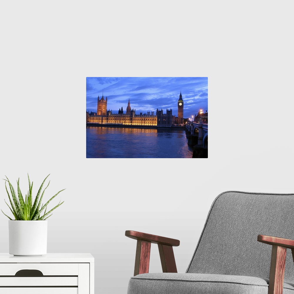 A modern room featuring Photo print of Big Ben at dusk lit up from a distance.