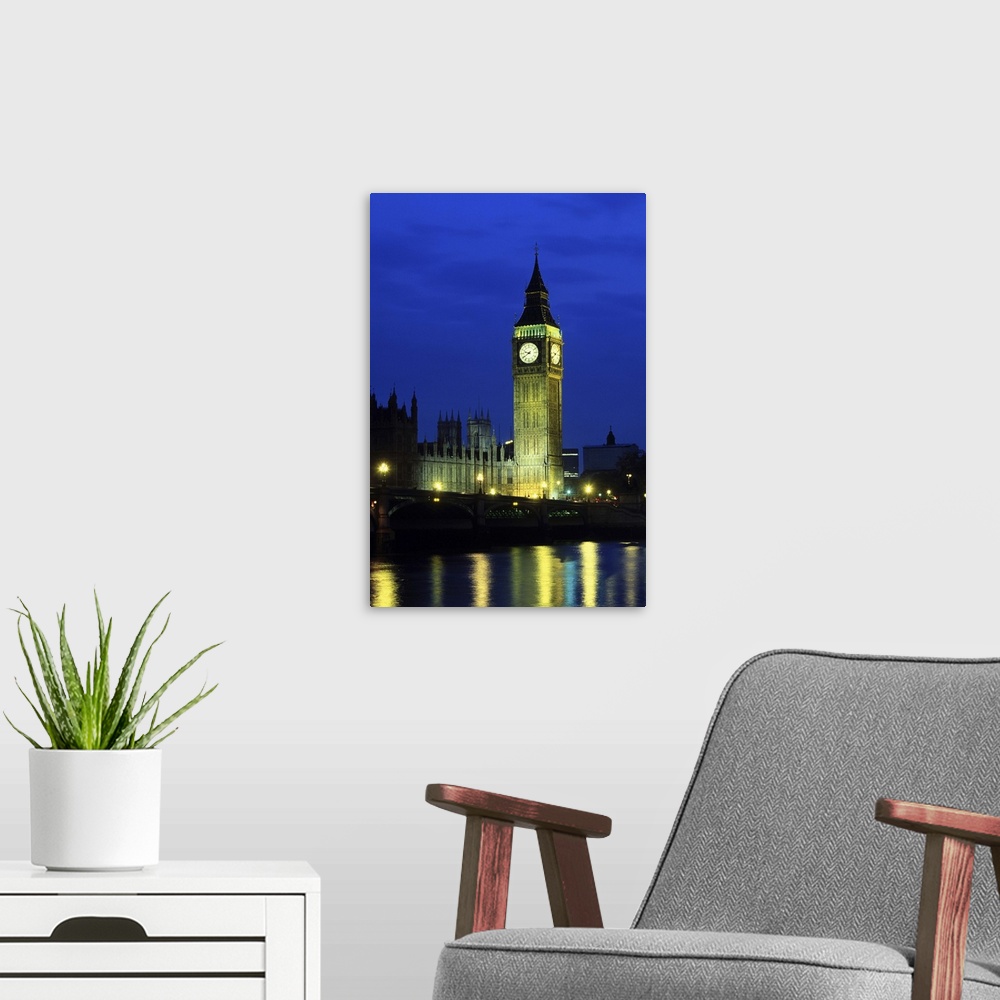 A modern room featuring Big Ben at night, London, England