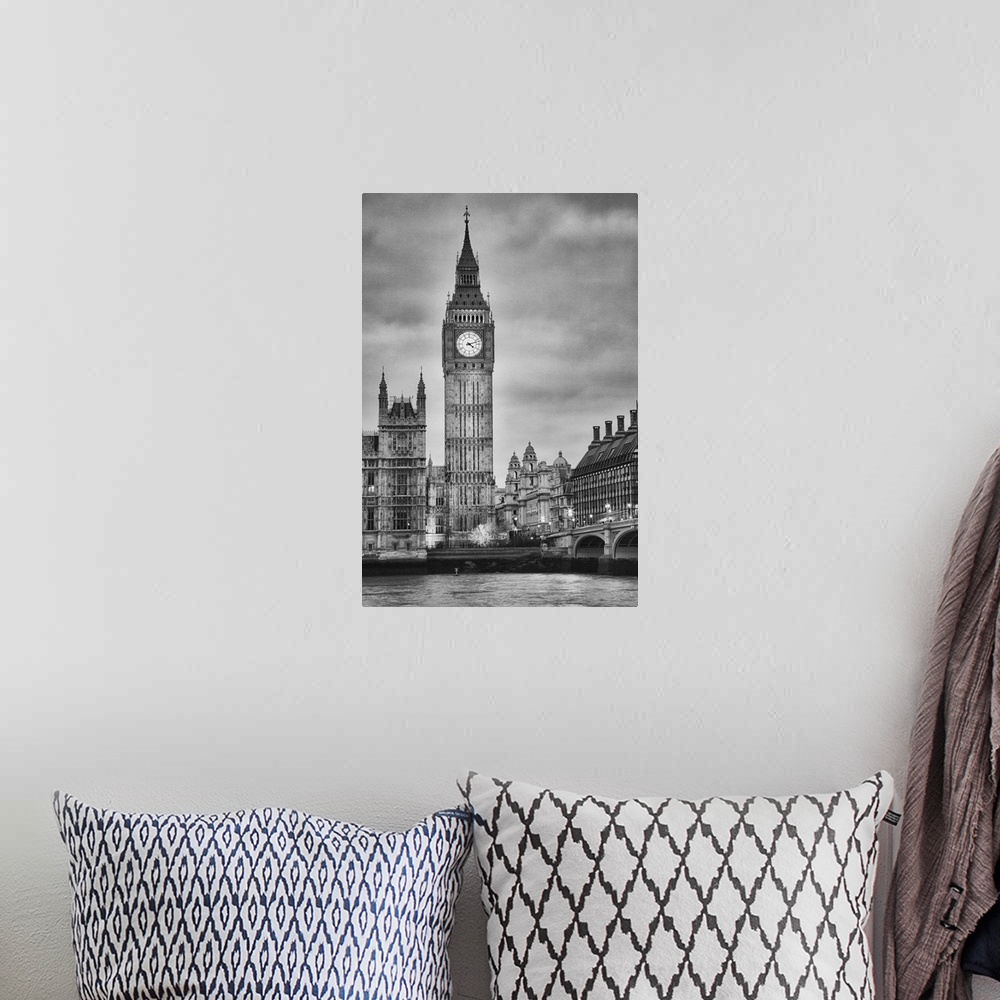 A bohemian room featuring London, Big Ben, black and white