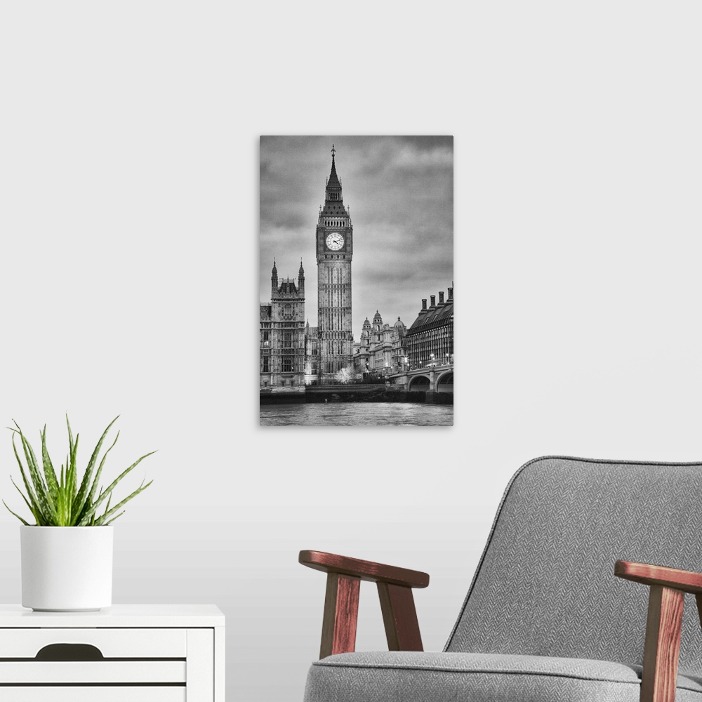 A modern room featuring London, Big Ben, black and white