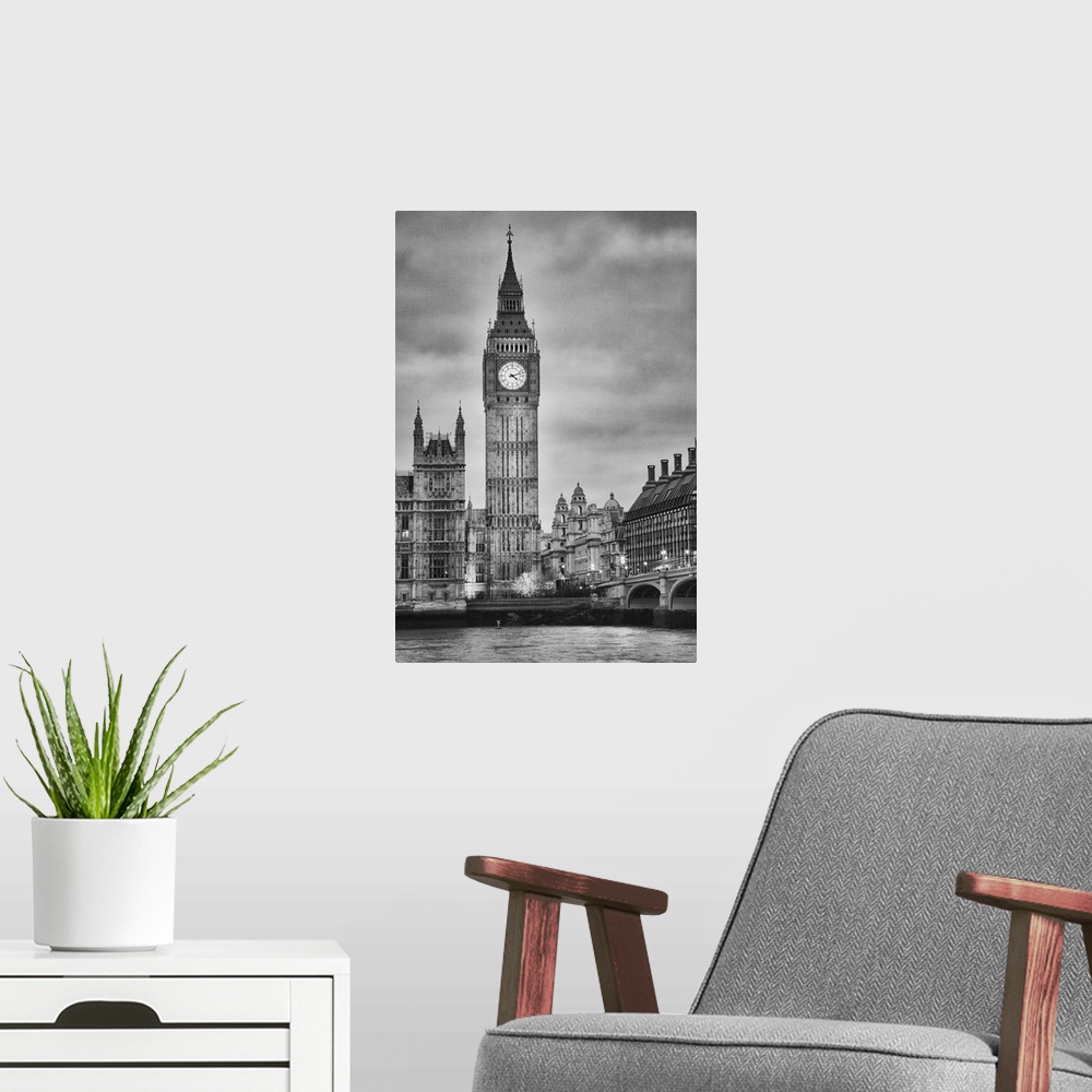 A modern room featuring London, Big Ben, black and white
