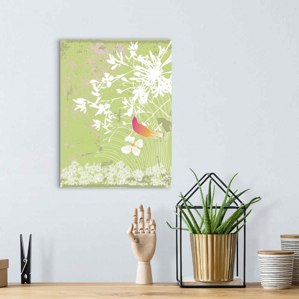 A bohemian room featuring Bird on a green background