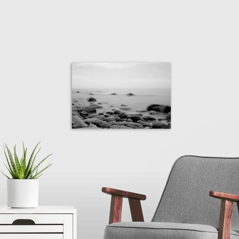 A modern room featuring Black and white long exposure of sea at Rgen, island in baltic sea.