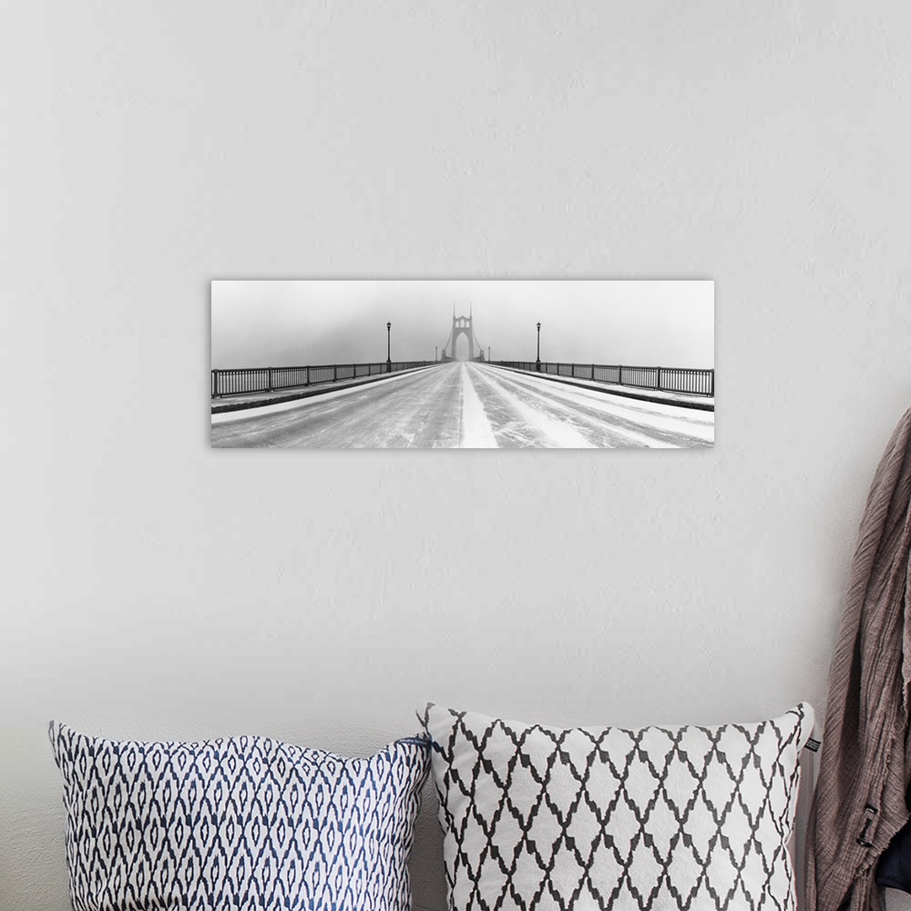 A bohemian room featuring Black and white panorama of St.Johns Bridge in Portland, Oregon in winter snow storm.