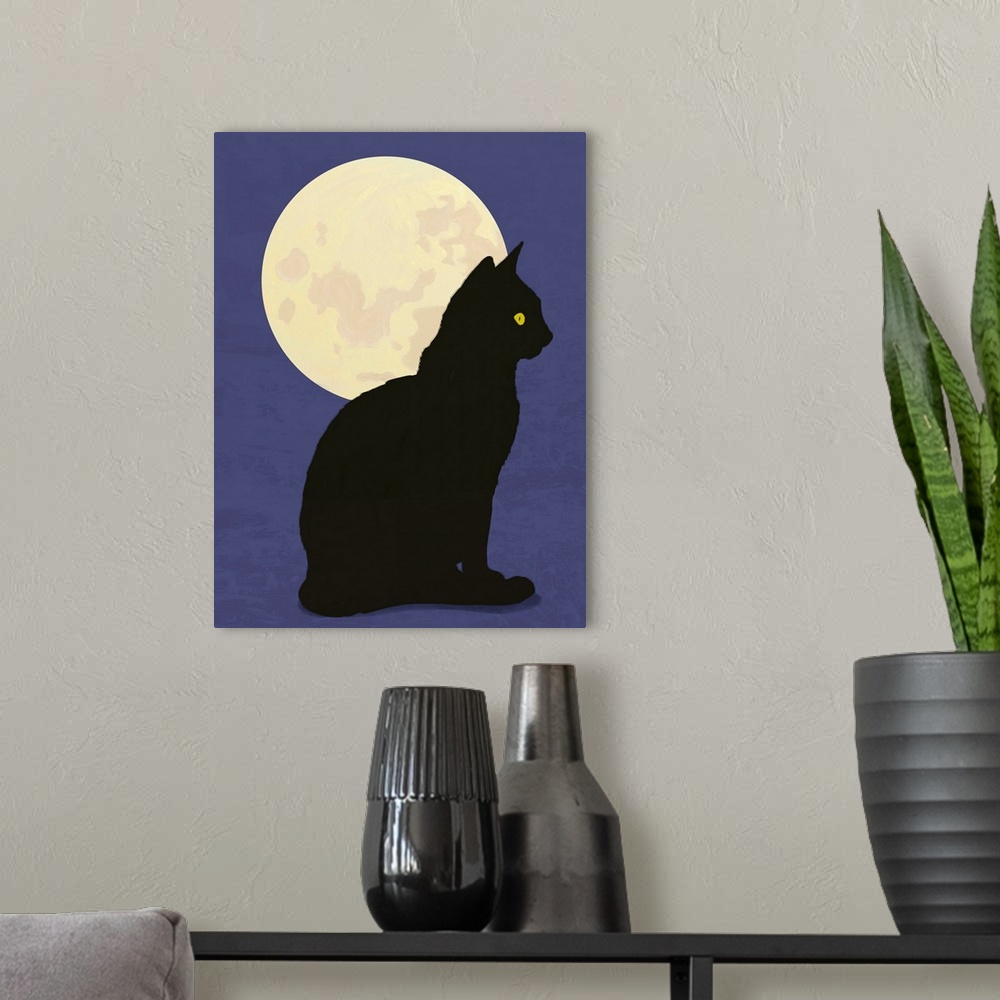 A modern room featuring Black cat and moon graphic hand painted illustration