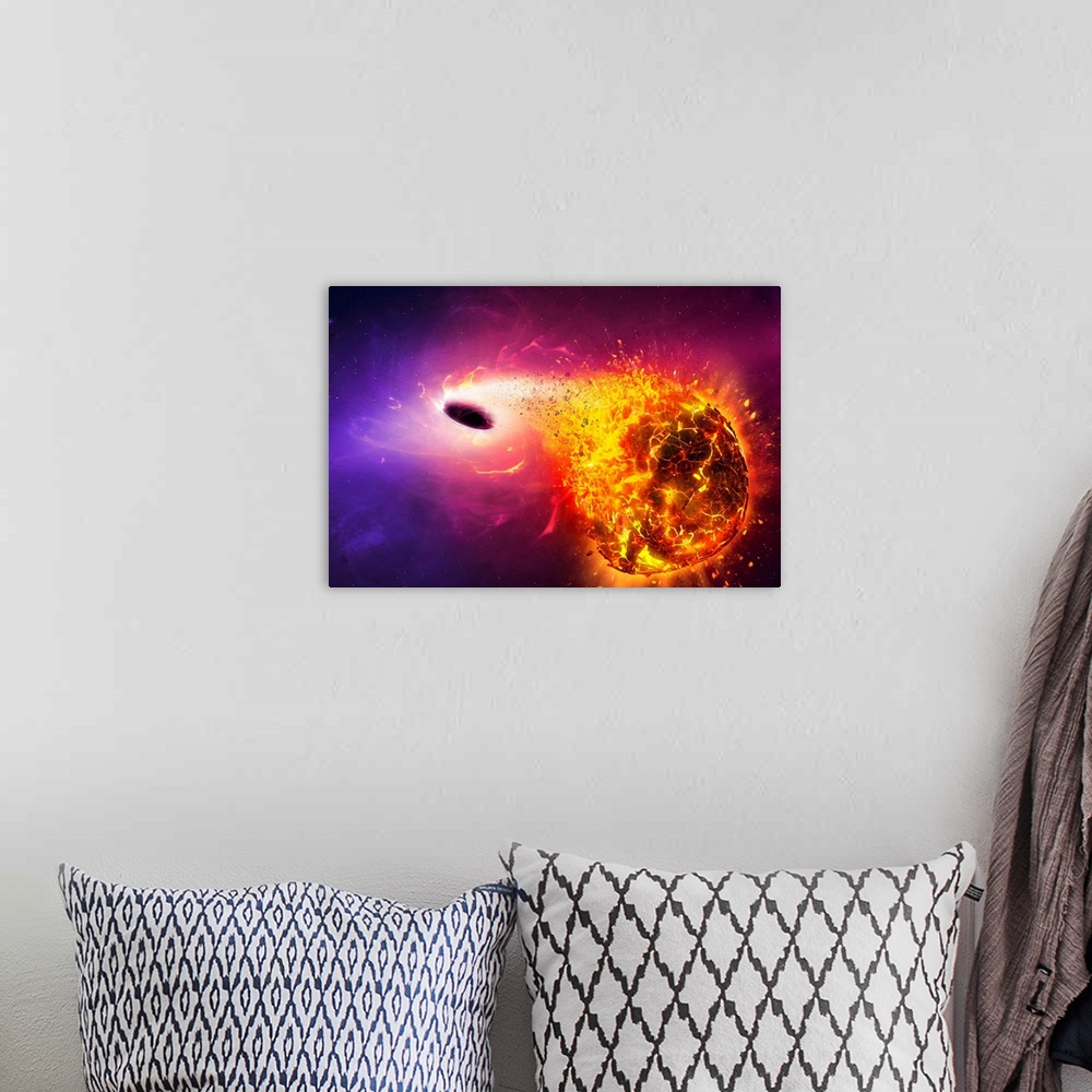 A bohemian room featuring Illustration of a planet being consumed by a black hole. As the planet approaches the collapsed s...