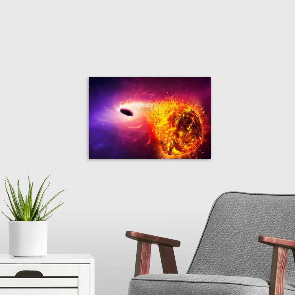A modern room featuring Illustration of a planet being consumed by a black hole. As the planet approaches the collapsed s...