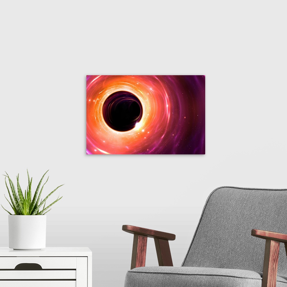 A modern room featuring Black hole, illustration. A black hole is an object so compact (usually a collapsed star) that no...