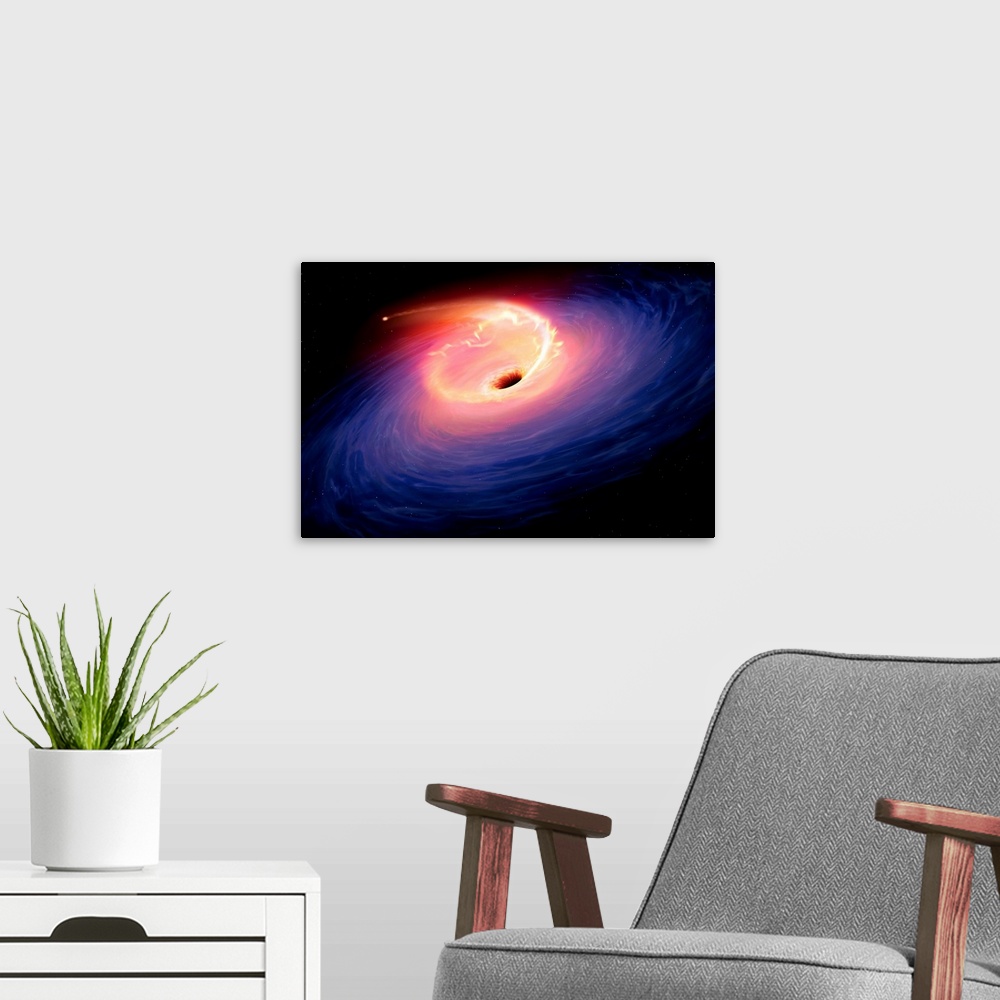 A modern room featuring Artwork depicting a tidal disruption event (TDE). TDEs are causes when a star passes close to a s...