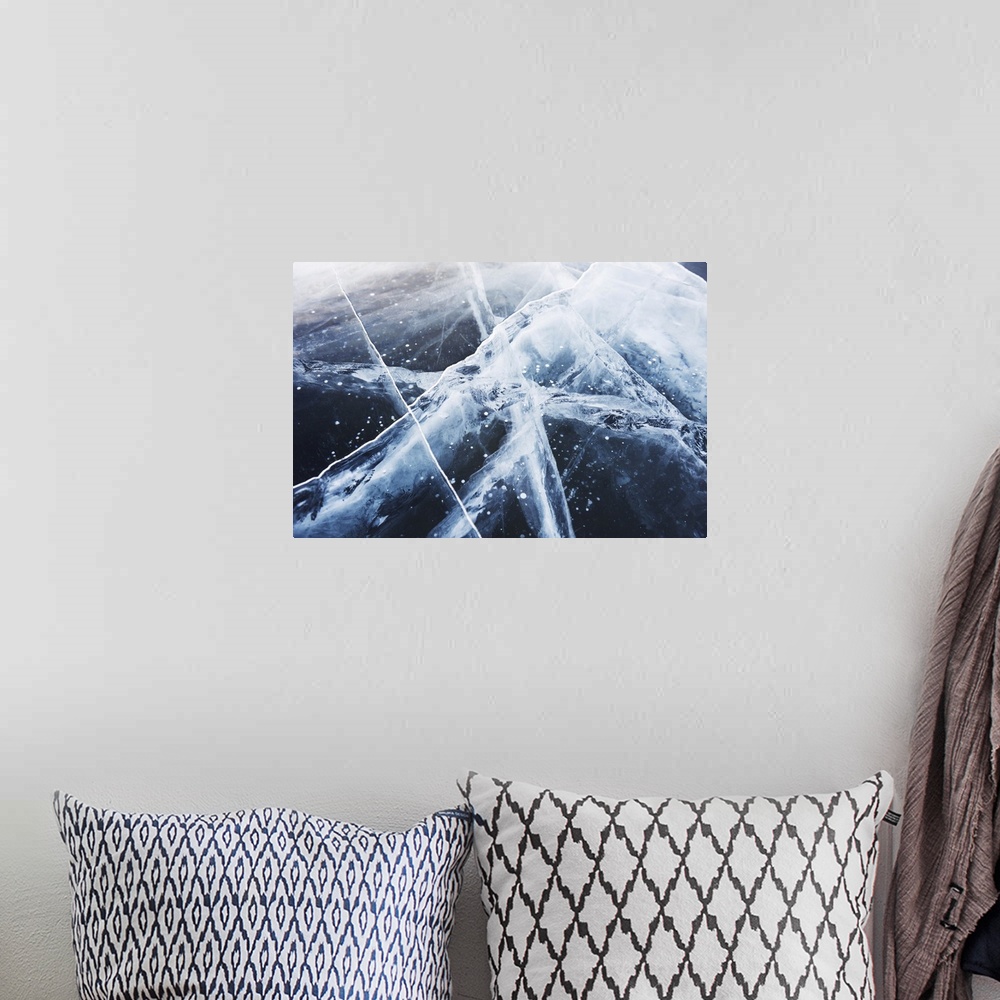 A bohemian room featuring Macro image of beautiful blue ice on a winter lake.
