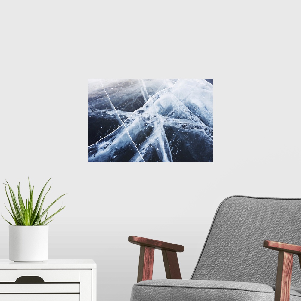 A modern room featuring Macro image of beautiful blue ice on a winter lake.