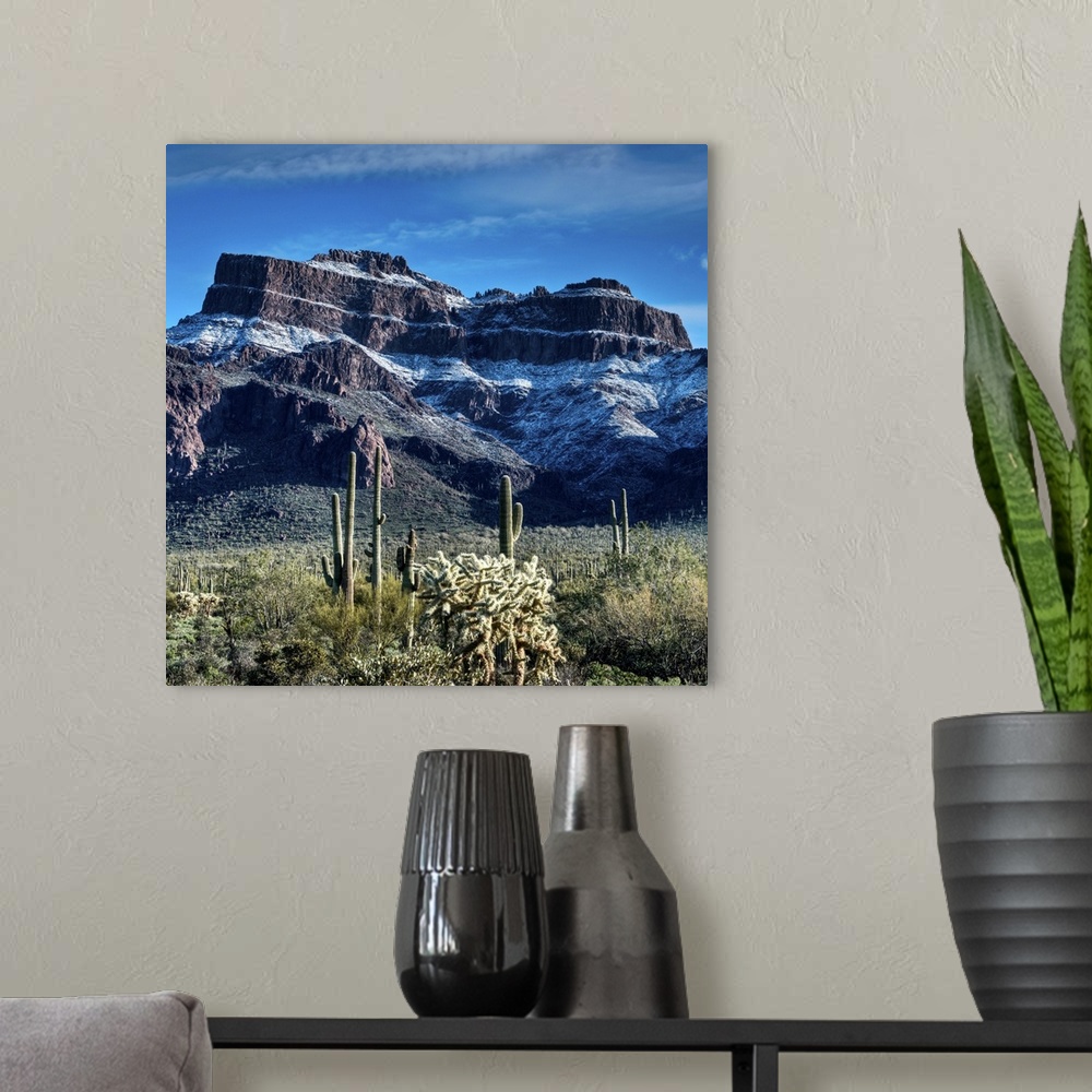 A modern room featuring the morning after the February snow passed through the Superstition Mountains.  A view of the Fla...