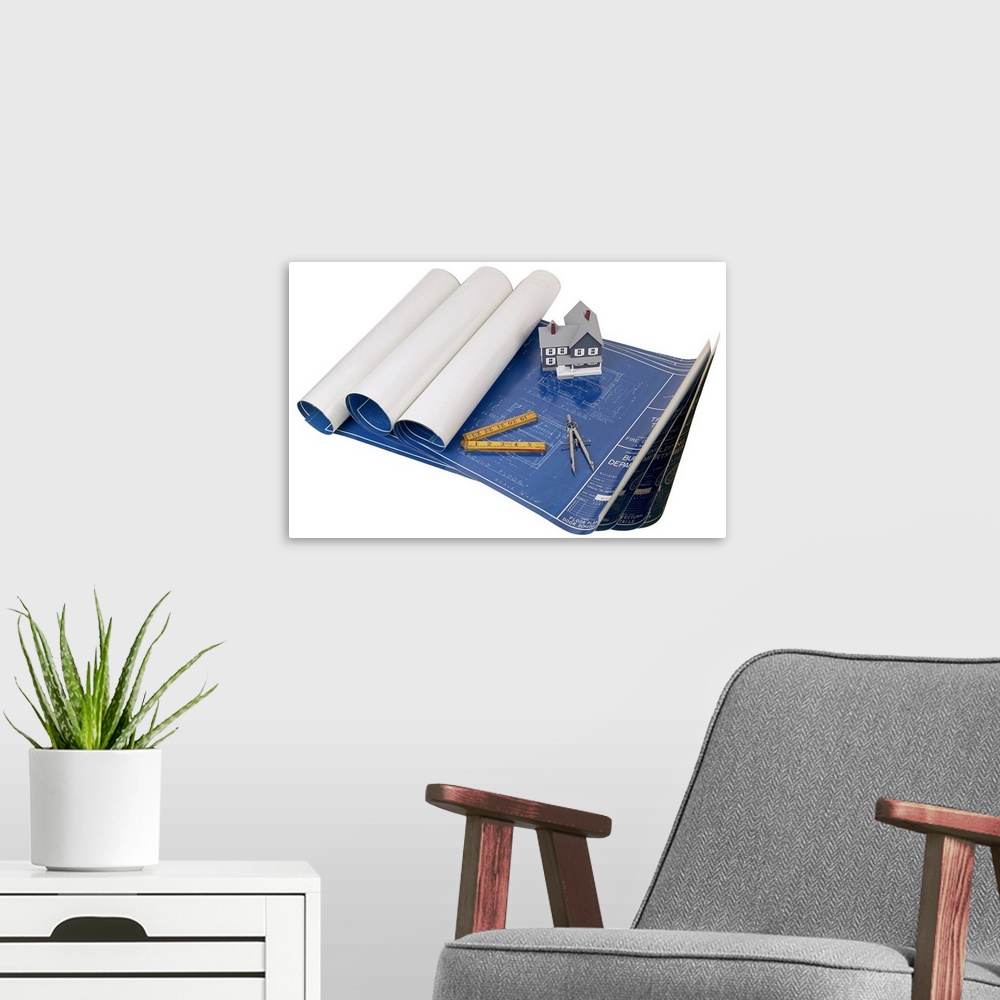 A modern room featuring Blueprints on white background