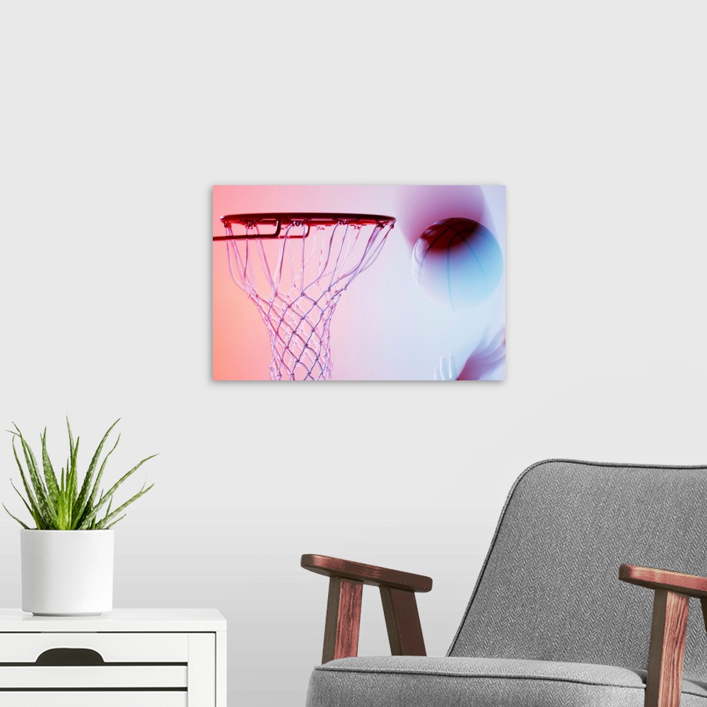 A modern room featuring Blurred view of basketball going into hoop