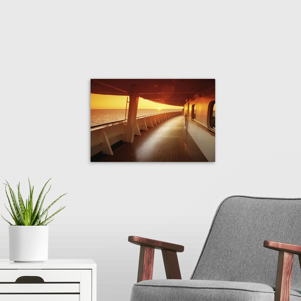 A modern room featuring Boat at sunset