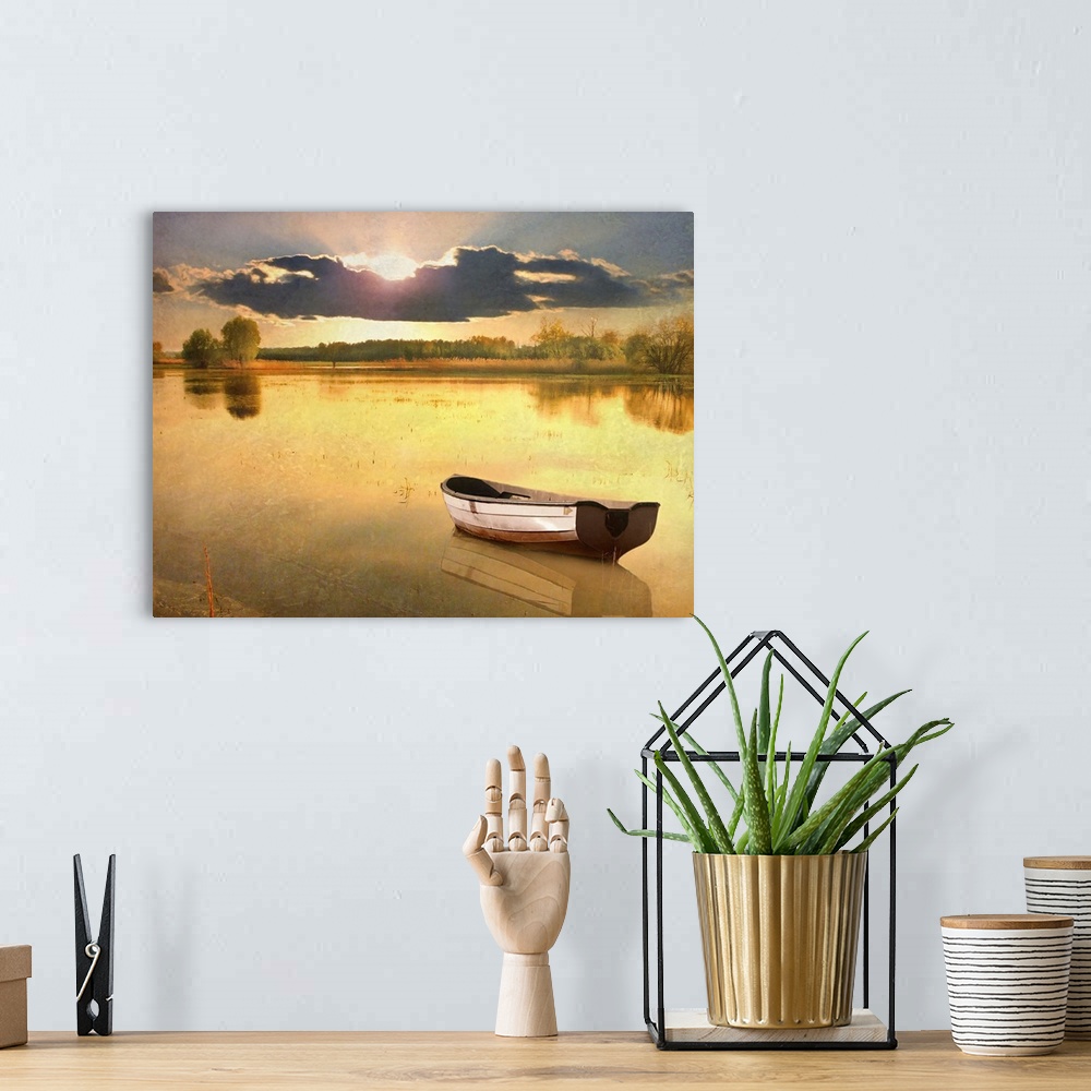 A bohemian room featuring Boat in lake at sunset.