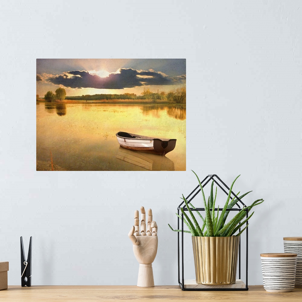 A bohemian room featuring Boat in lake at sunset.