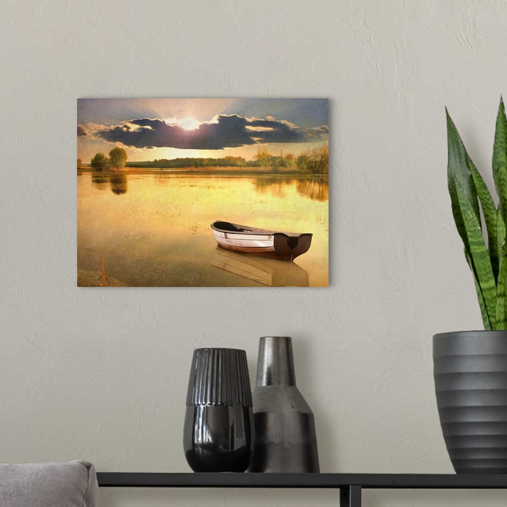 A modern room featuring Boat in lake at sunset.