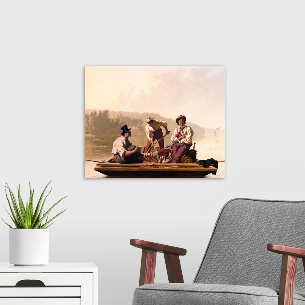 A modern room featuring Boatmen On The Missouri By George Caleb Bingham