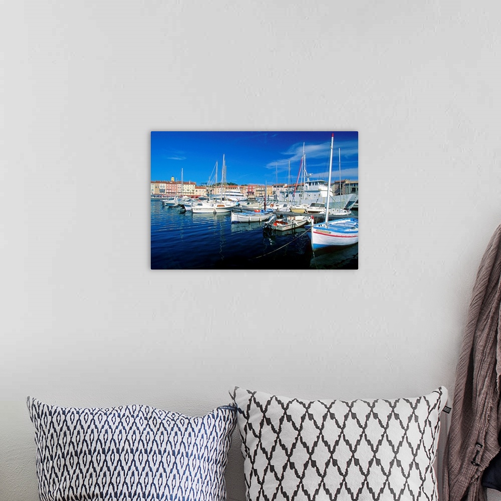 A bohemian room featuring Boats anchored at a harbor, Saint Tropez, French Riviera, France