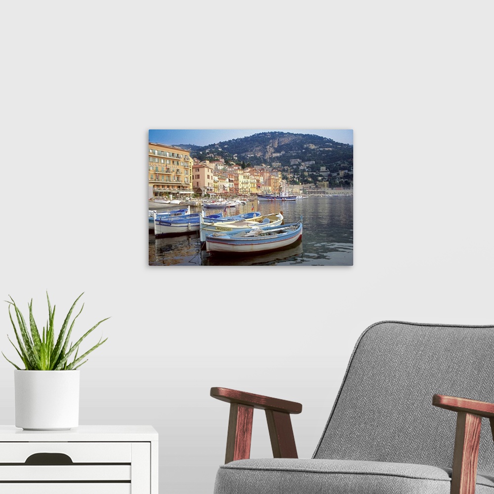 A modern room featuring Boats anchored at Villefranche Harbor, French Riviera, France
