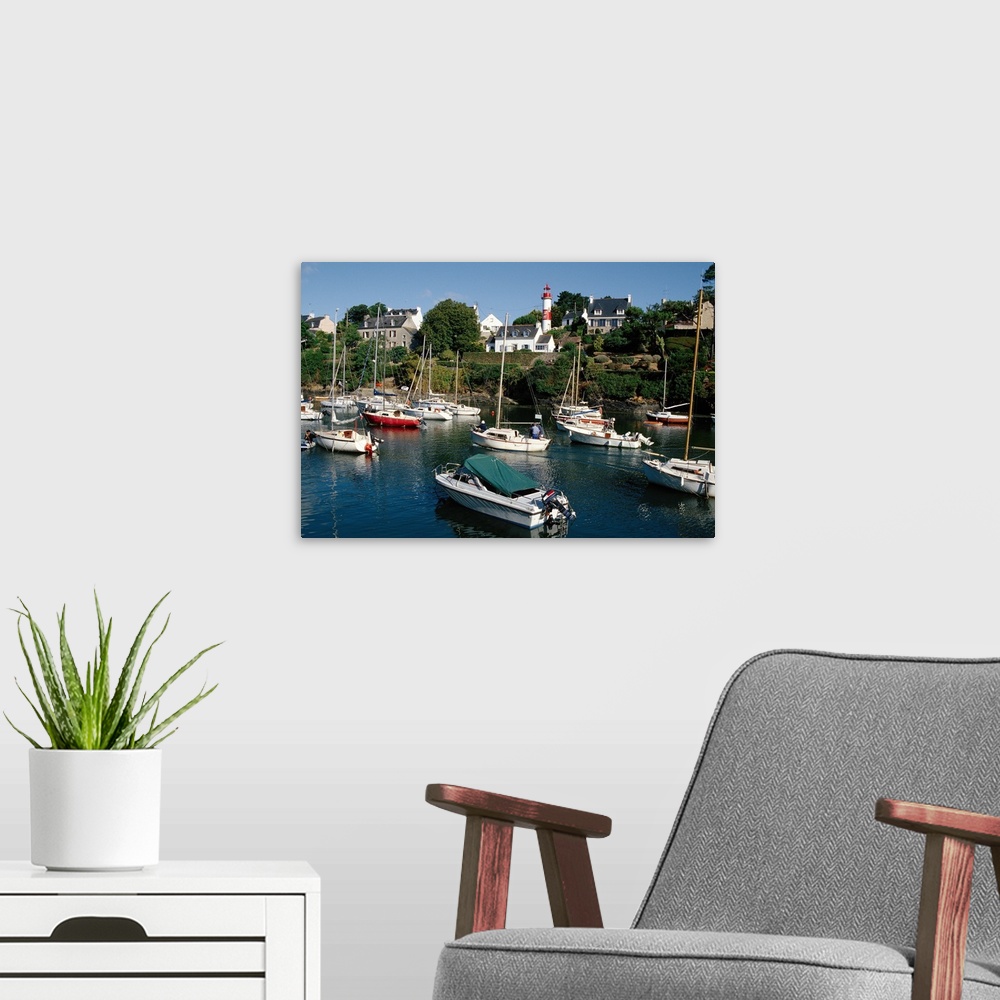A modern room featuring Boats in harbor