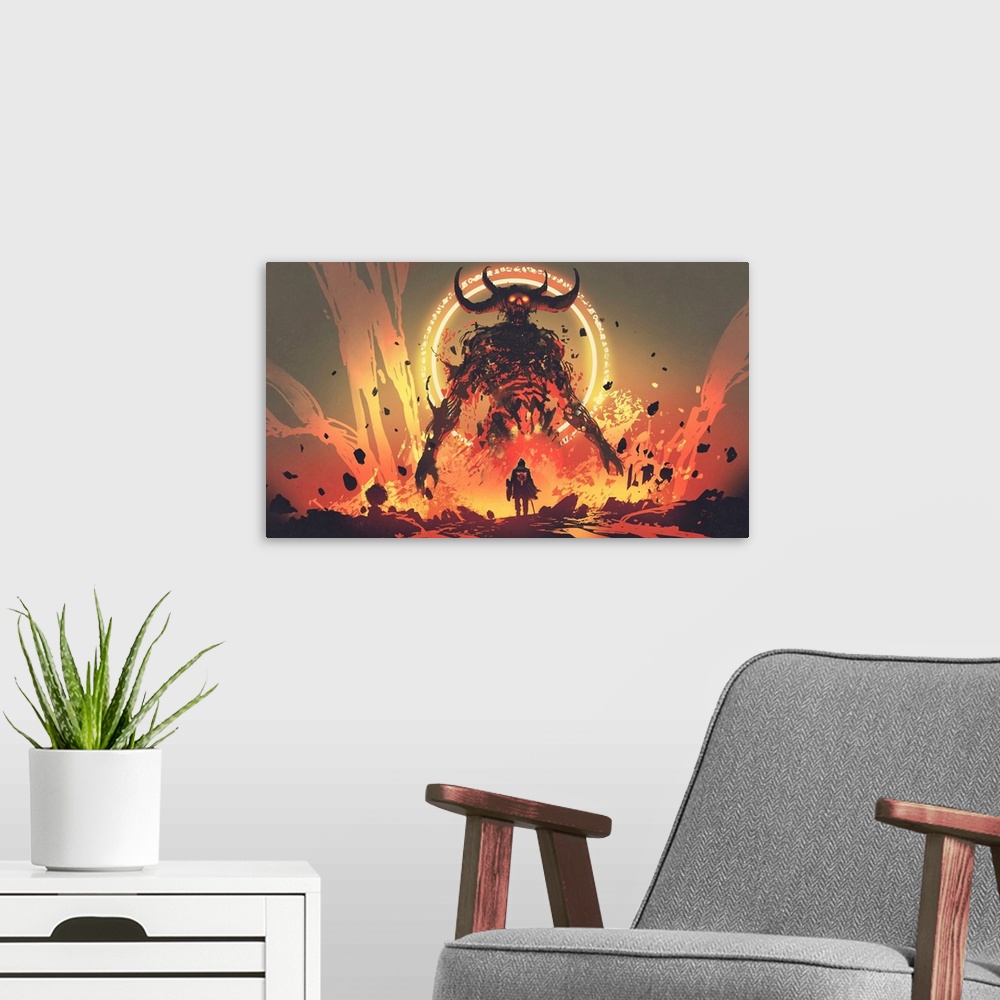 A modern room featuring Digital illustration of a knight with a sword facing the lava demon in hell.