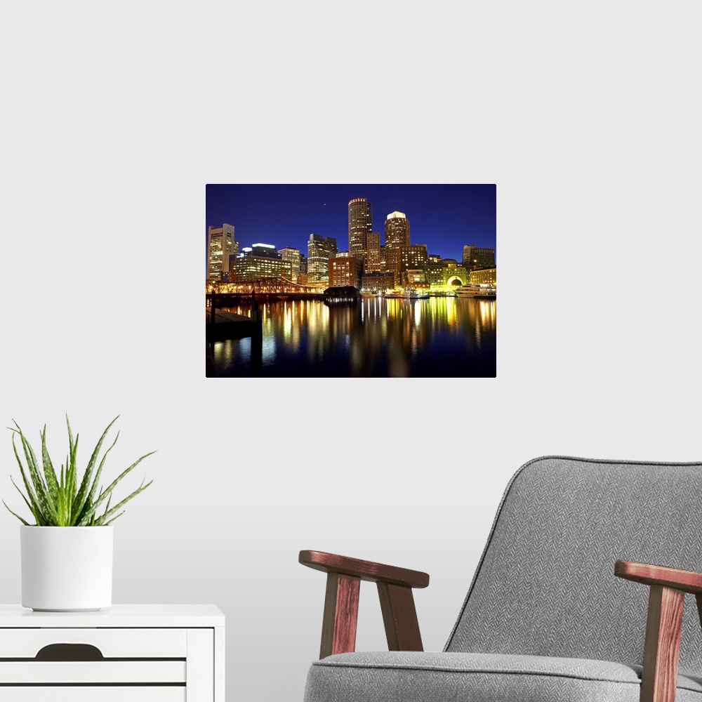 A modern room featuring USA, Boston, city skyline at night (long exposure)