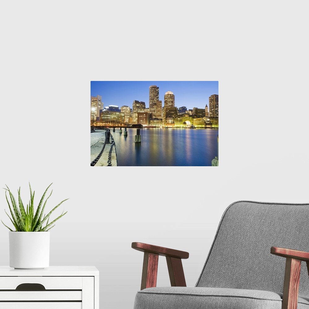 A modern room featuring USA, Boston, Massachusetts, City skyline in dusk