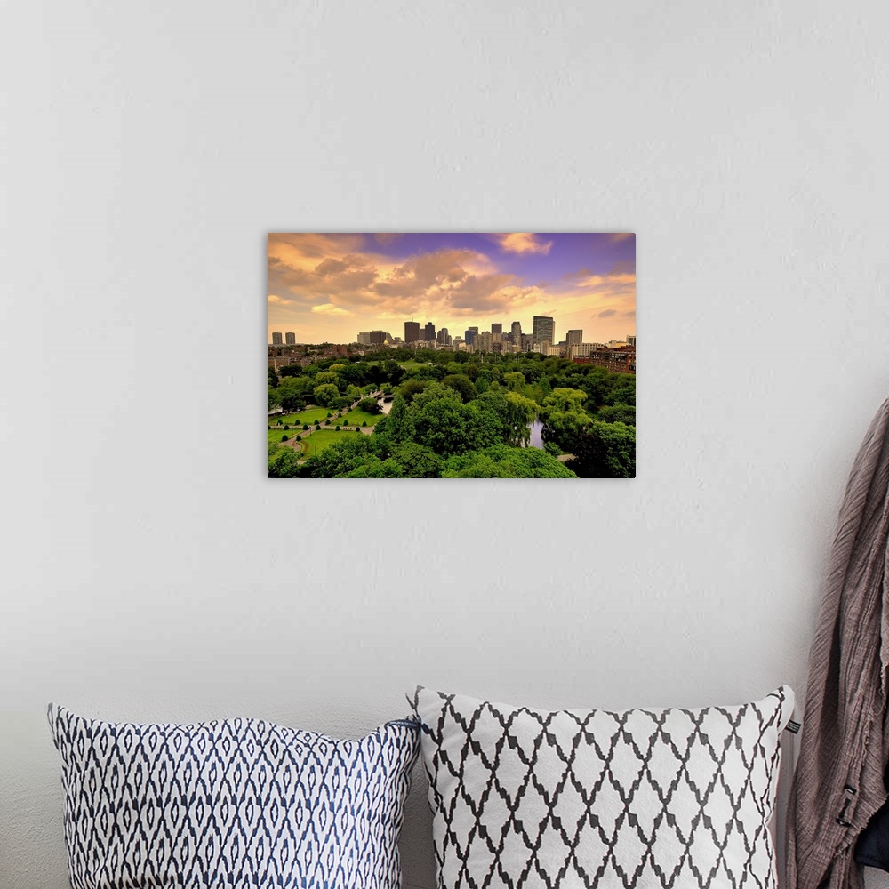 A bohemian room featuring Aerial view of Boston Skyline and Boston Public Garden in early morning, Boston Massachusetts.