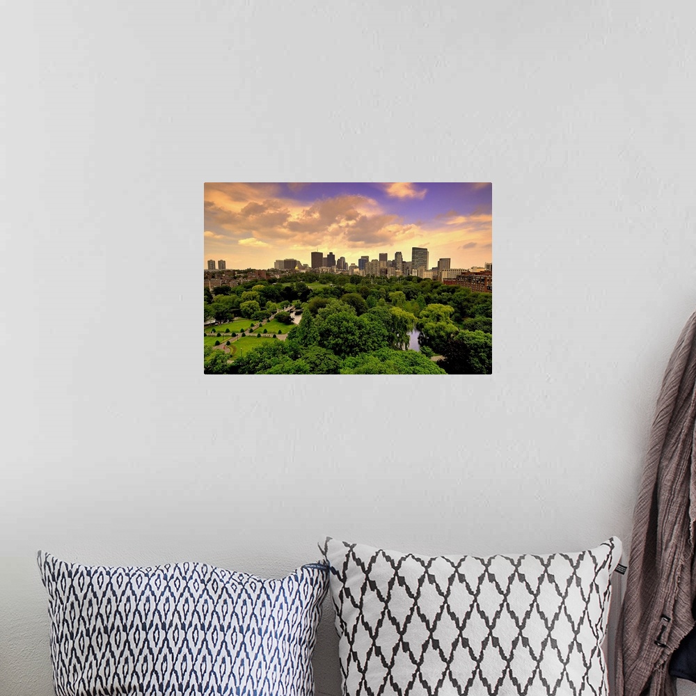 A bohemian room featuring Aerial view of Boston Skyline and Boston Public Garden in early morning, Boston Massachusetts.