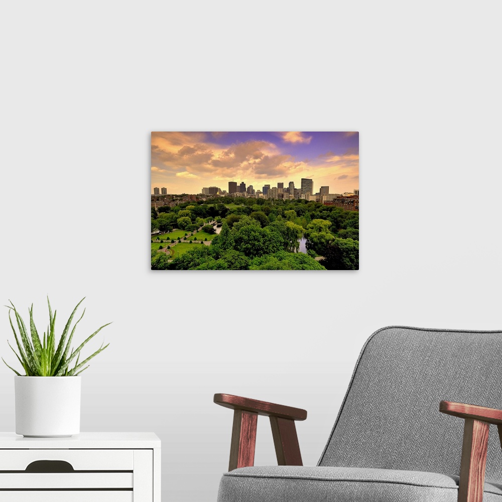 A modern room featuring Aerial view of Boston Skyline and Boston Public Garden in early morning, Boston Massachusetts.