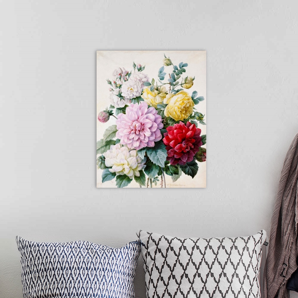 A bohemian room featuring Bouquet Of Dahlias And Roses By Camille De Chantereine
