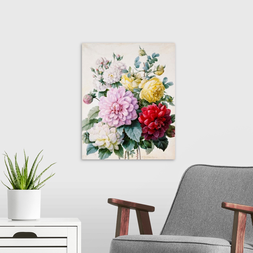 A modern room featuring Bouquet Of Dahlias And Roses By Camille De Chantereine