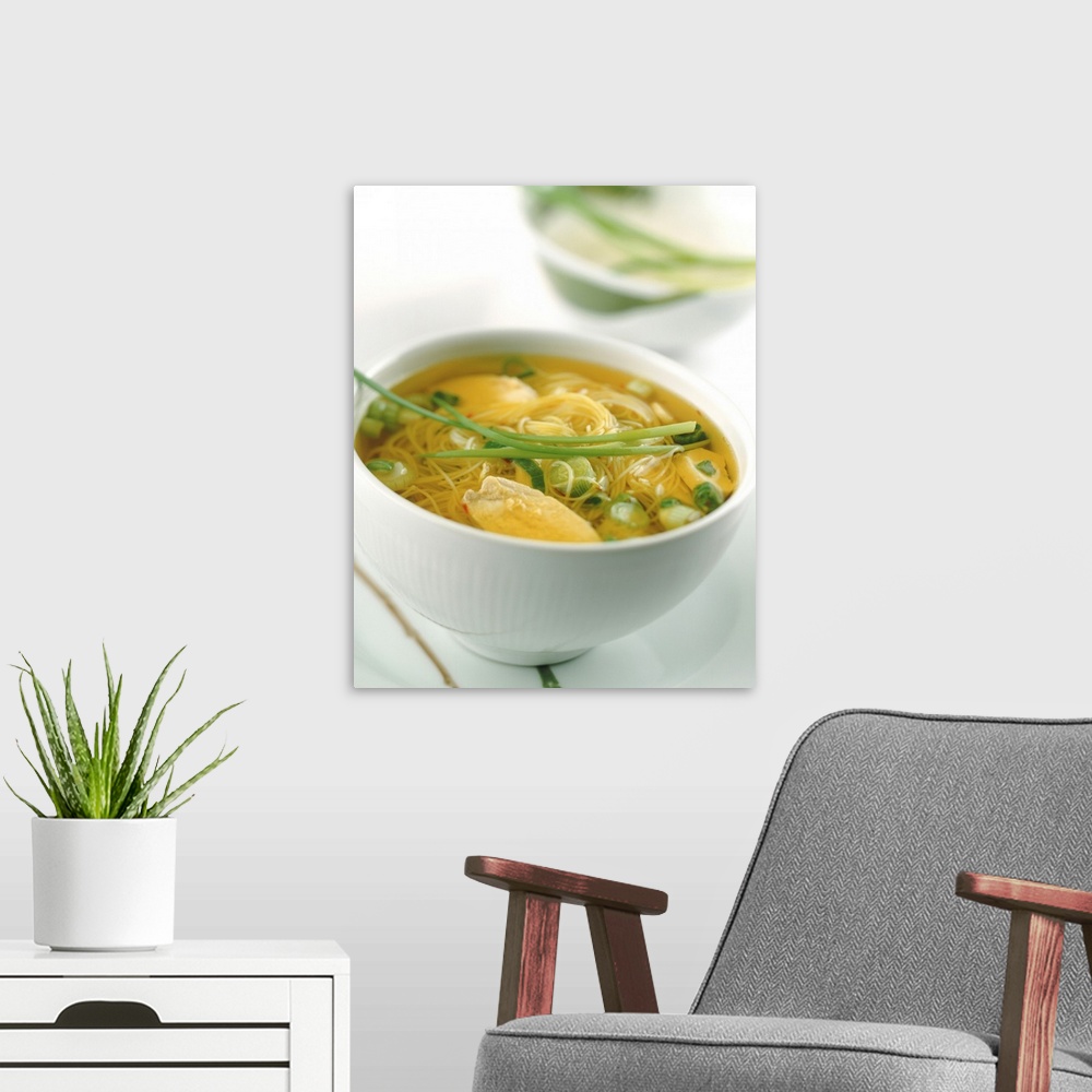 A modern room featuring Bowl of soup with noodles and bouillon, focus on foreground