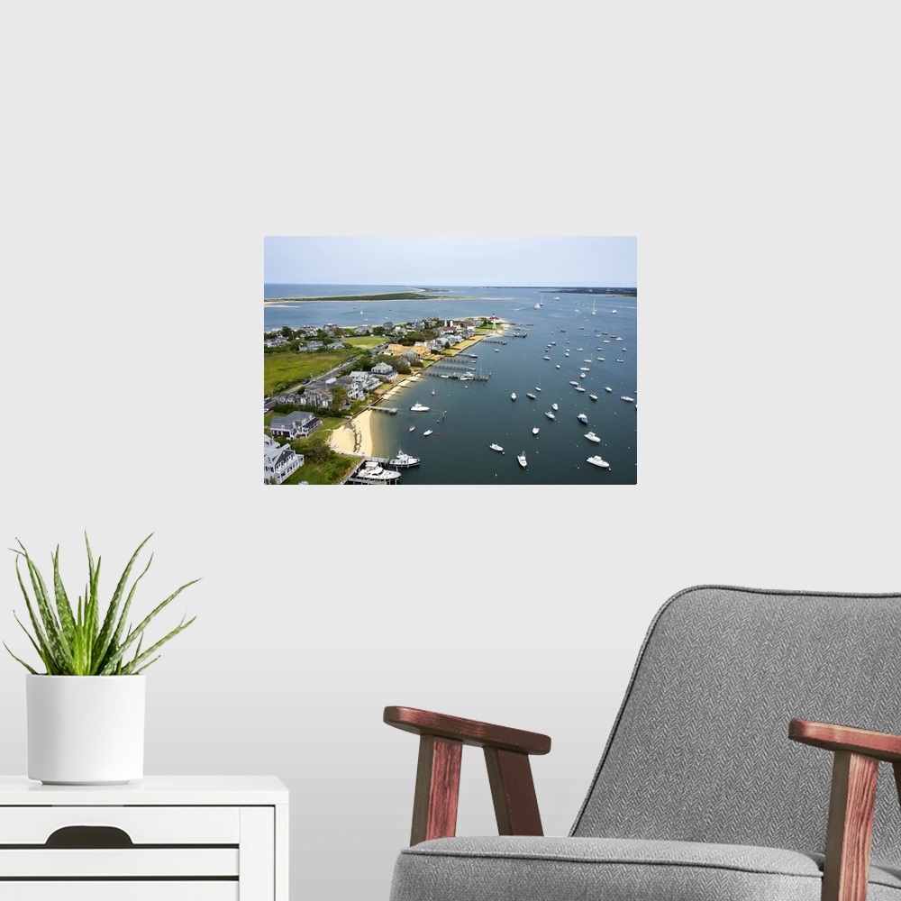 A modern room featuring Kite aerial of Brant Point and harbor and Coatue, Nantucket, MA.