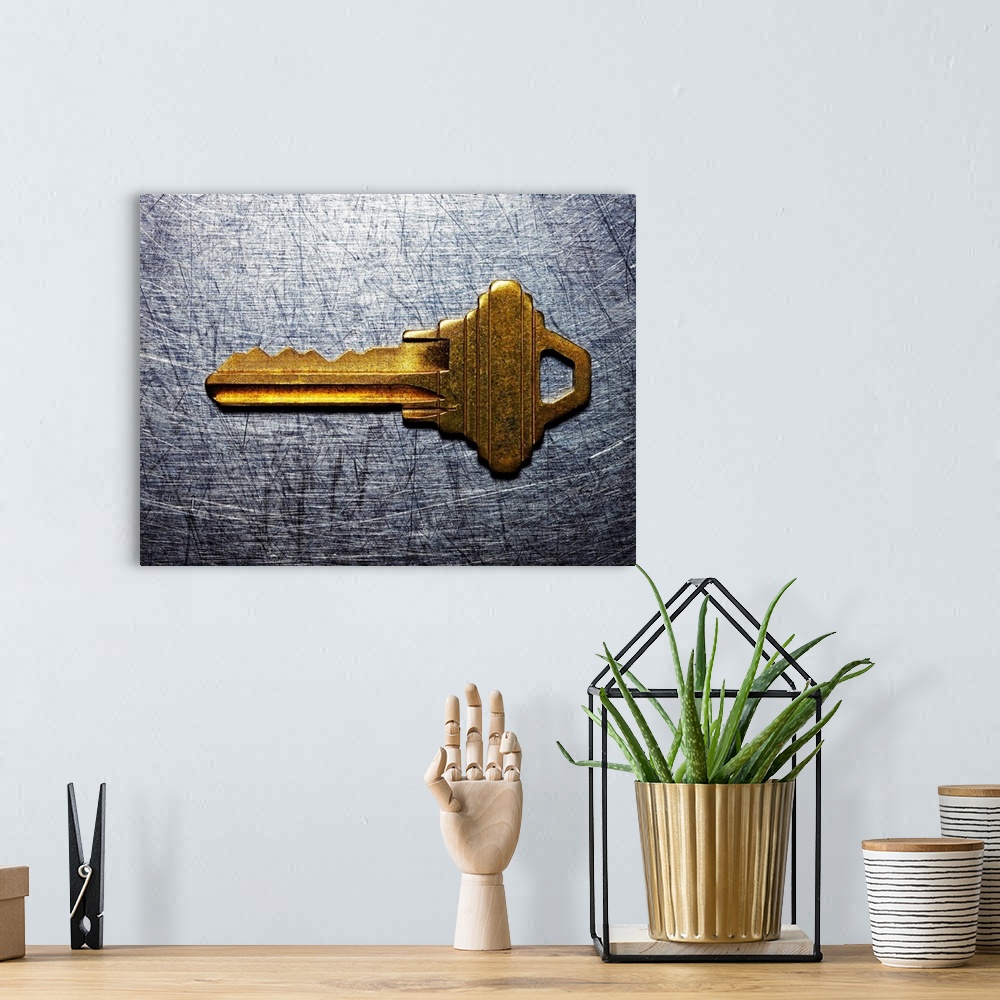A bohemian room featuring Brass key on stainless steel.