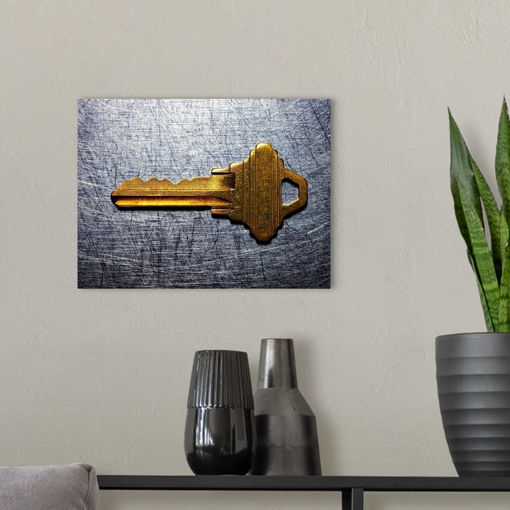 A modern room featuring Brass key on stainless steel.