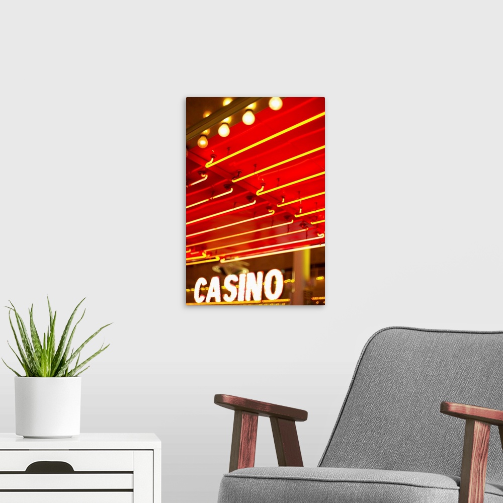 A modern room featuring Bright neon lights in front of casino, Las Vegas, Nevada