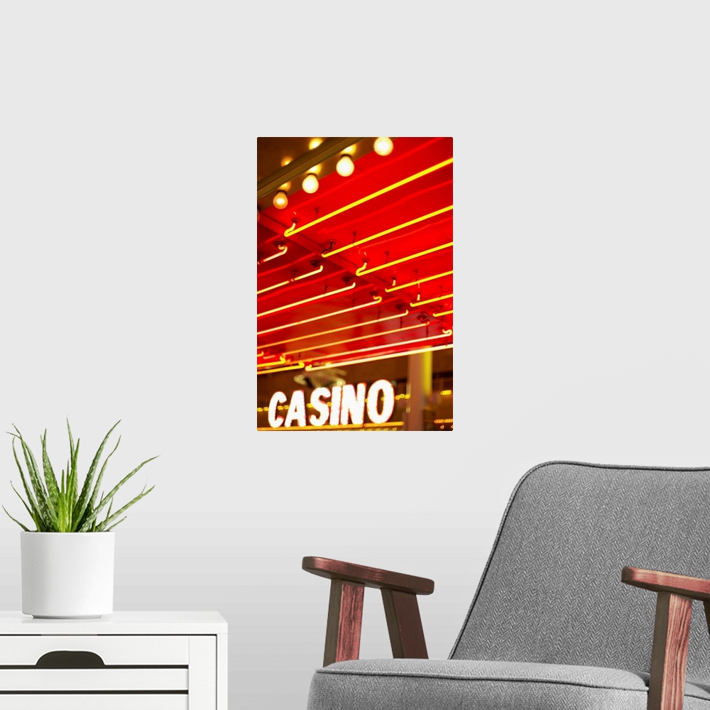 A modern room featuring Bright neon lights in front of casino, Las Vegas, Nevada