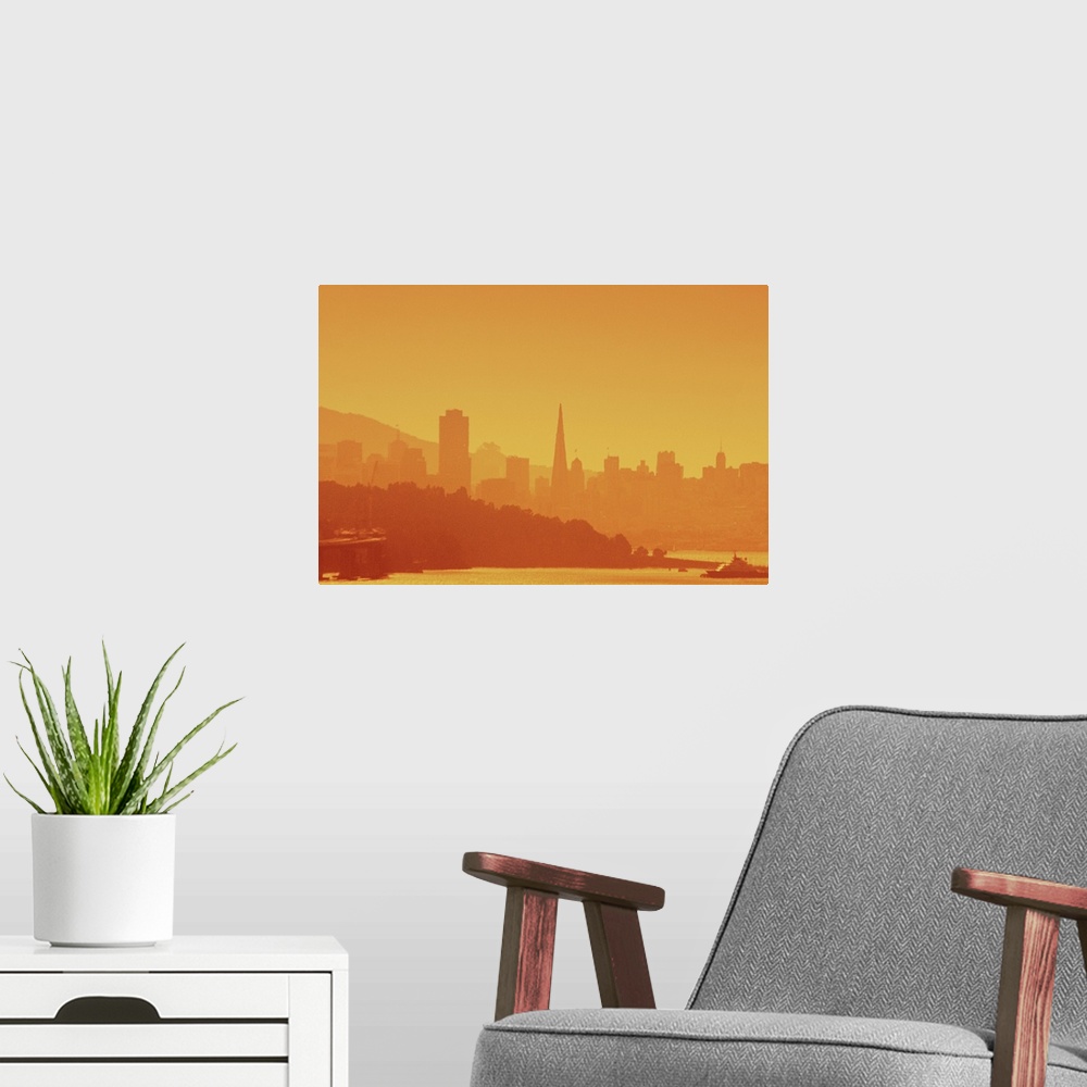A modern room featuring Bright San Francisco sunset.