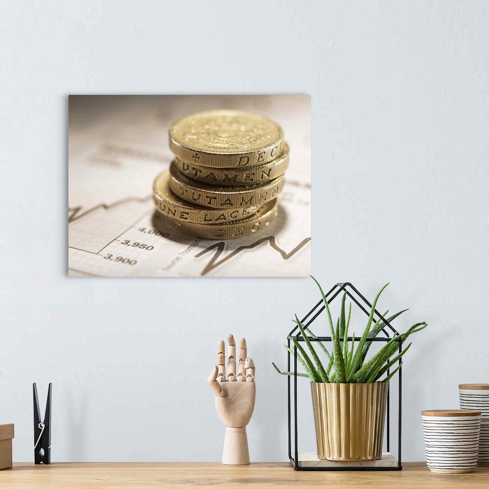 A bohemian room featuring British Currency: Stacked pound coins on financial graphs, close-up