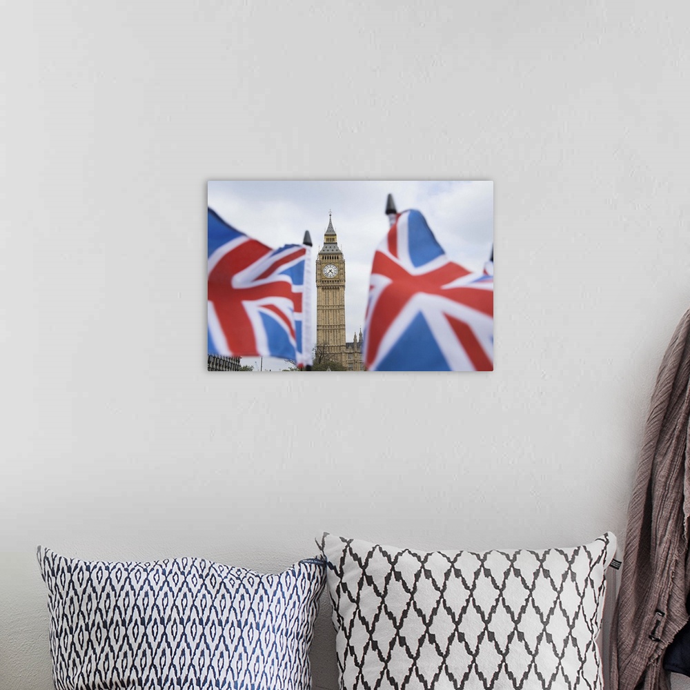 A bohemian room featuring British flags waving by Big Ben