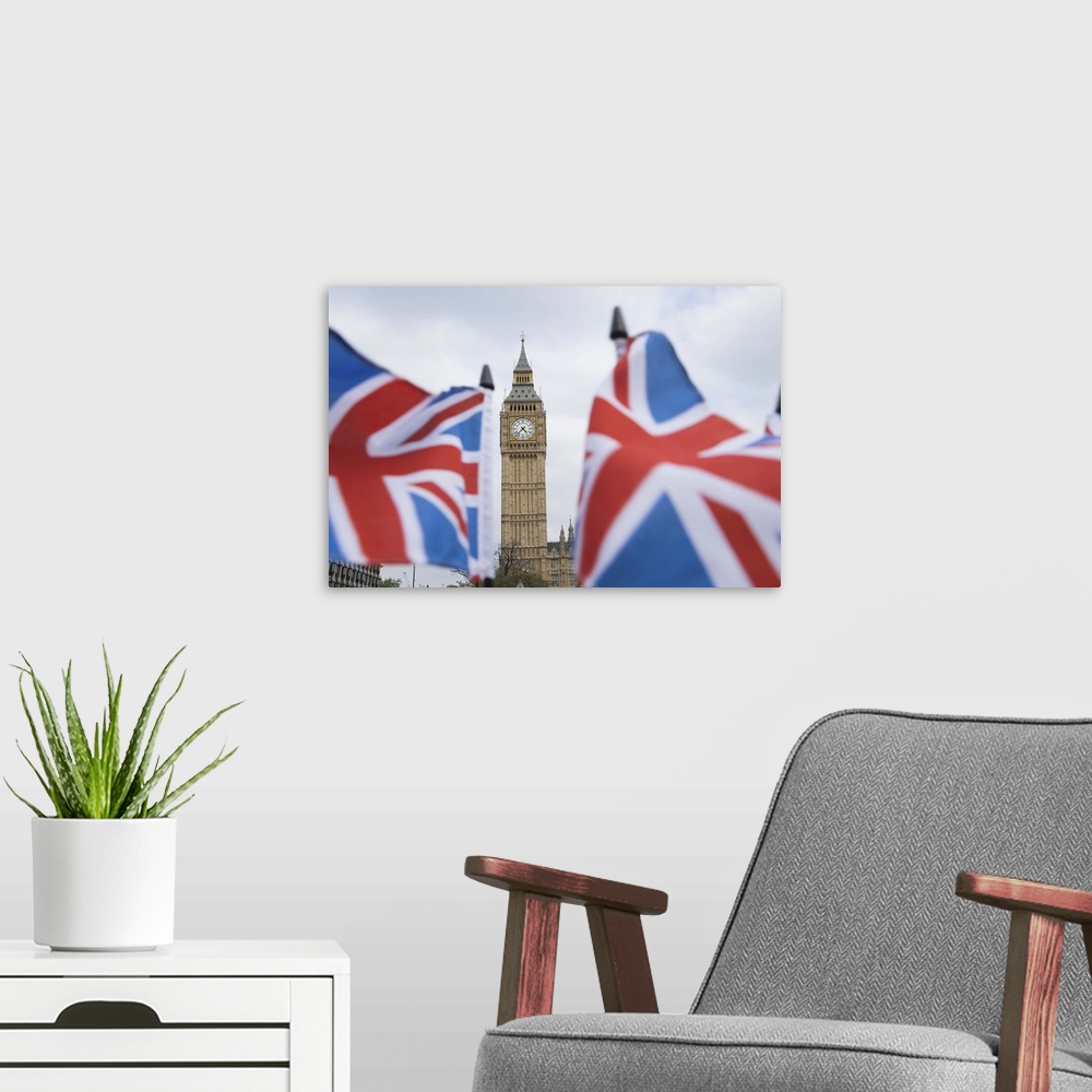 A modern room featuring British flags waving by Big Ben