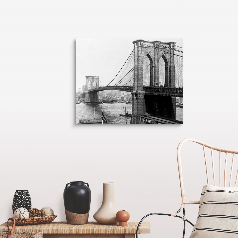 A farmhouse room featuring A view of the Brooklyn Bridge which spans across the East River connecting Manhattan Island to Br...