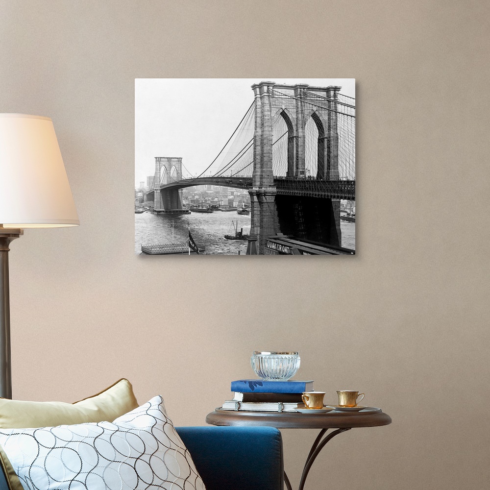 A traditional room featuring A view of the Brooklyn Bridge which spans across the East River connecting Manhattan Island to Br...