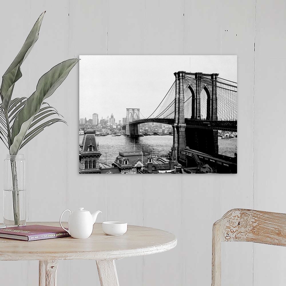 A farmhouse room featuring The Brooklyn Bridge, the largest suspension bridge and the first to ever be built with steel, spa...